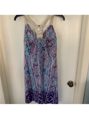Pink Rose Aqua & Purple Printed Midi Dress with Braided Ring Straps